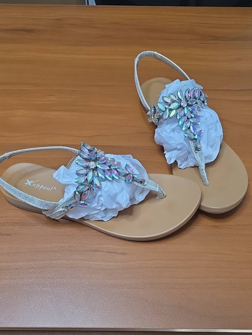 Xappeal Tan Sandals with Iridescent Crystal Embellishments